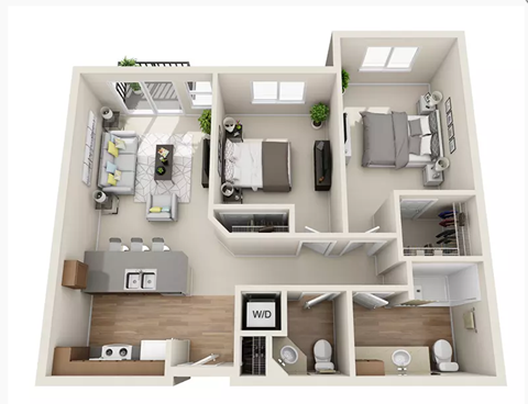 Floor plan for 2 beds, 1.5 baths, 840 sqft